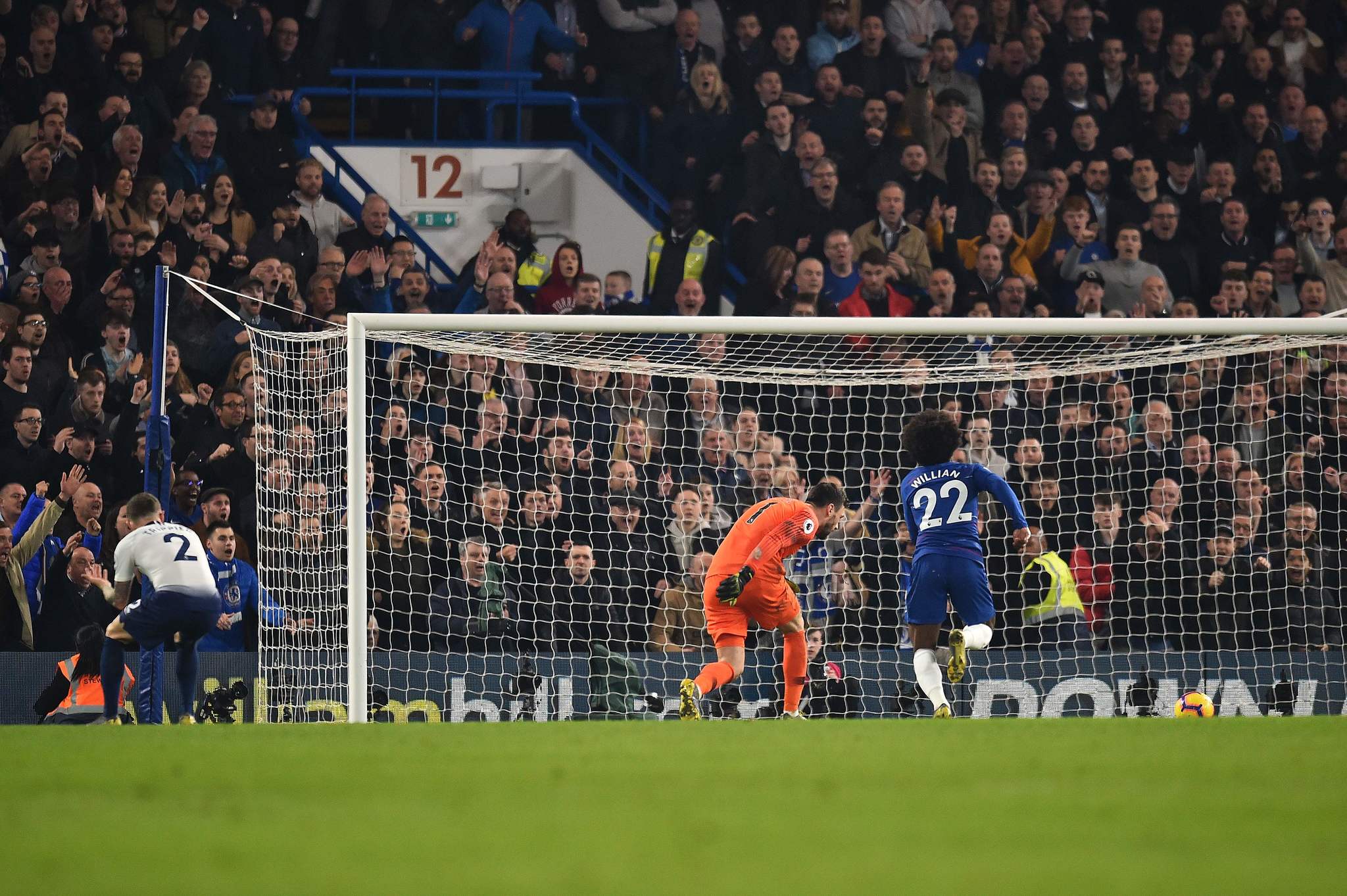 Tottenham Hotspurs English defender Kieran <HIT>Trippier</HIT> (L) scores an own goal past Tottenham Hotspurs French goalkeeper Hugo Lloris during the English Premier League football match between Chelsea and Tottenham Hotspur at Stamford Bridge in London on February 27, 2019. (Photo by Glyn KIRK / AFP) / RESTRICTED TO EDITORIAL USE. No use with unauthorized audio, video, data, fixture lists, club/league logos or live services. Online in-match use limited to 120 images. An additional 40 images may be used in extra time. No video emulation. Social media in-match use limited to 120 images. An additional 40 images may be used in extra time. No use in betting publications, games or single club/league/player publications. /