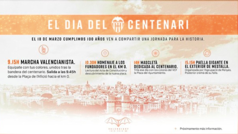 El Valencia celebrar su centenario con marcha cvica, masclet y paellas