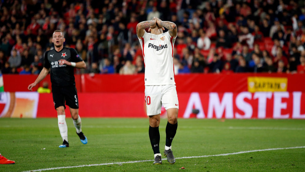 Momento del Sevilla-Slavia, ida de los octavos de la Europa League.