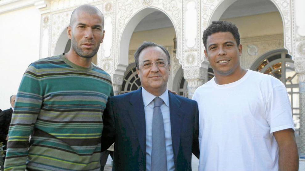 Zinedine Zidane, Florentino Perez and Ronaldo Nazario.
