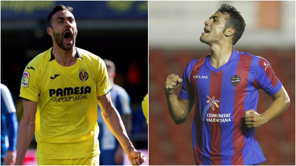 Vicente Iborra celebra un gol con el Villarreal y con el Levante.