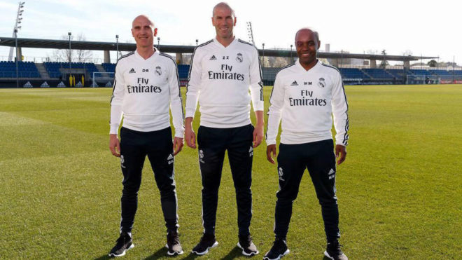 Zinedine Zidane posing at Valdebebas alongside his assistants