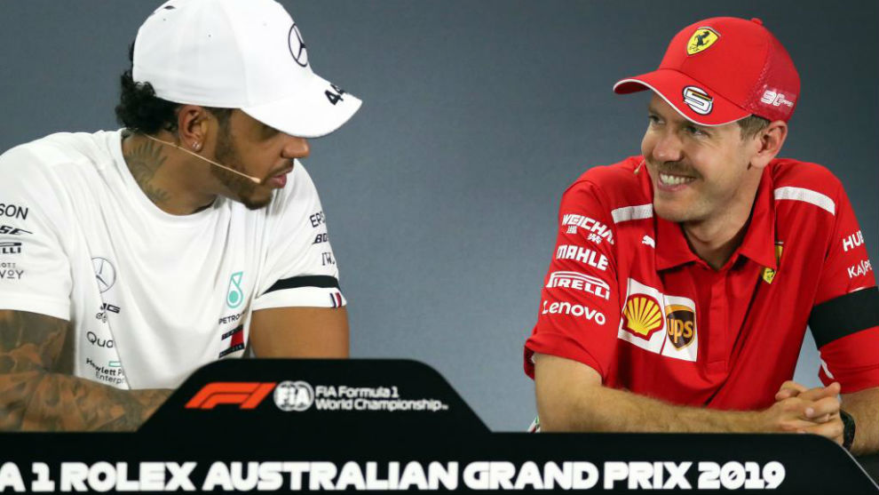 Hamilton y Vettel, en la rueda de prensa de la FIA.