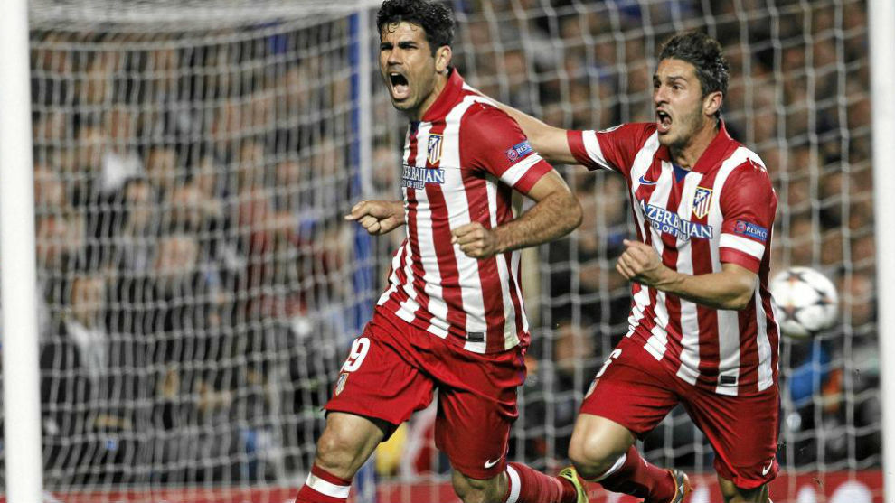 Diego Costa and Koke celebrating a goal against Chelsea.