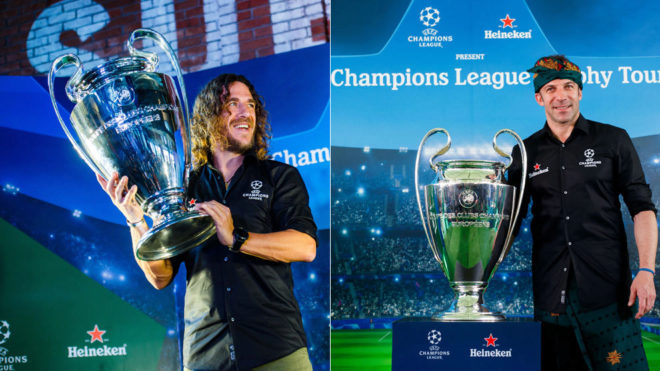 Puyol and Del Piero on the UEFA Champions League Trophy Tour in...