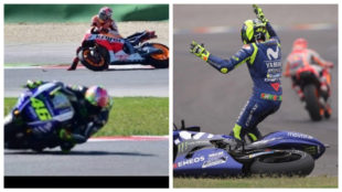 Las dos cadas de Rossi y Mrquez en 2015 y 2018 en Termas de Ro...