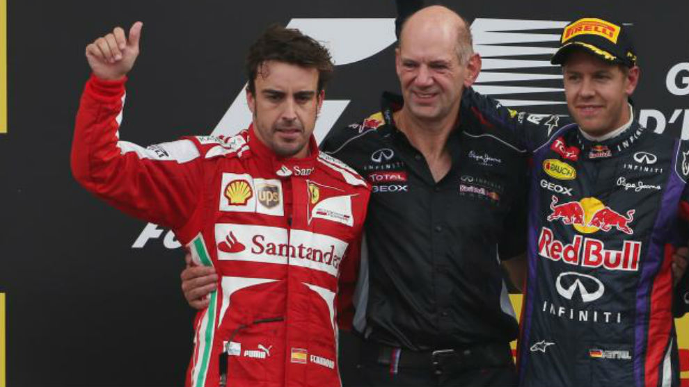 Alonso, Newey y Vettel, durante el Gran Premio de Italia 2013.