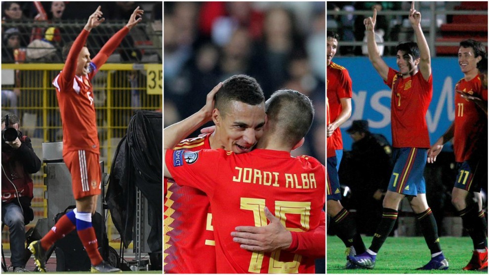 Cheryshev, Rodrigoy y Carlos soler celebran sus goles internacionales.
