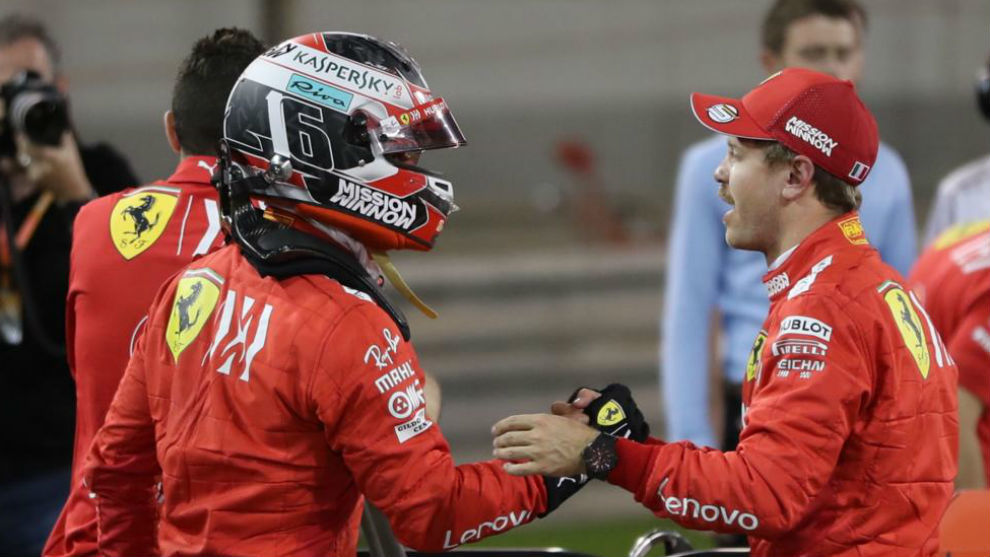 Vettel felicita a Leclerc tras la calificacin en Bahrin.