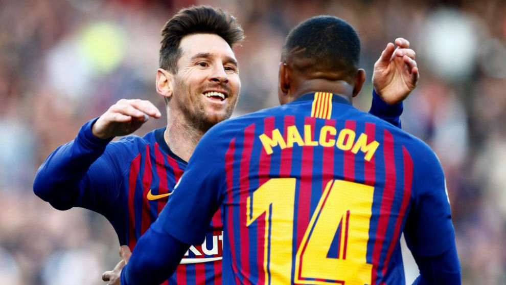 Messi y Malcom, en el derbi del Camp Nou.