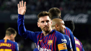 Leo Messi celebra uno de los tantos logrados ante el Espanyol.