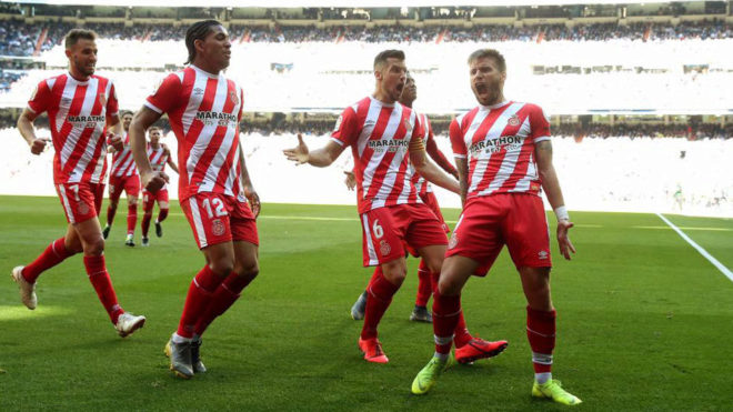 Los jugadores del Girona celebran un gol conseguido ante el Real...