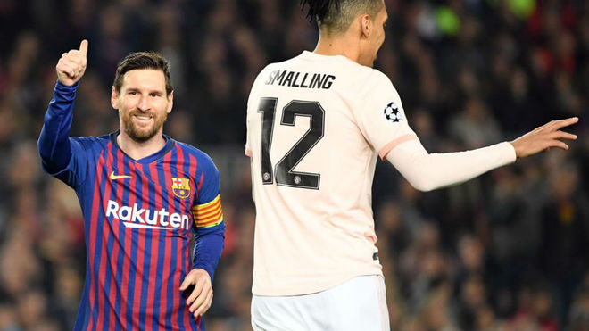 Leo Messi celebrating one of his goals against United.