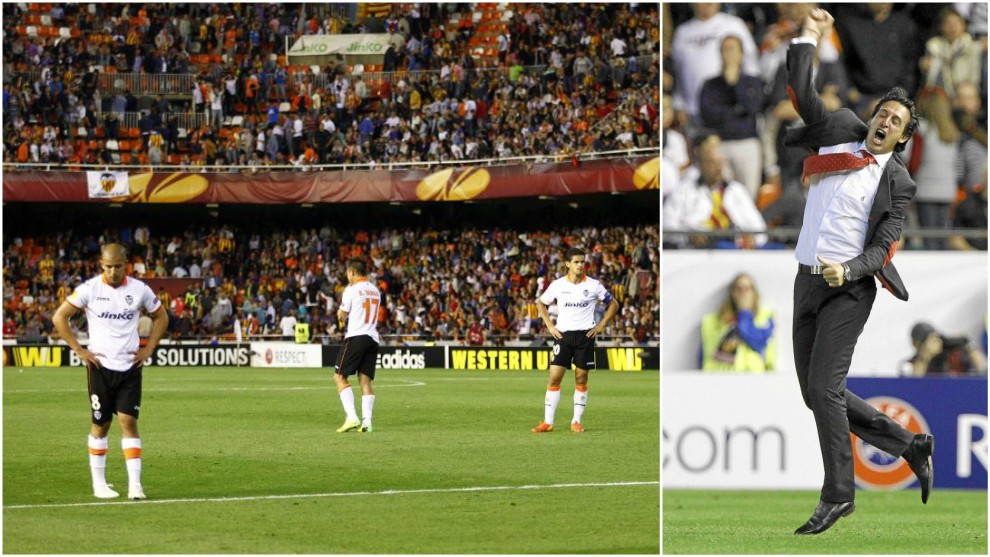 Emery celebra el gol de Mbia para el Sevilla ante el Valencia.