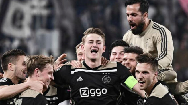 Matthijs de Ligt and his teammates celebrating their famous win at...