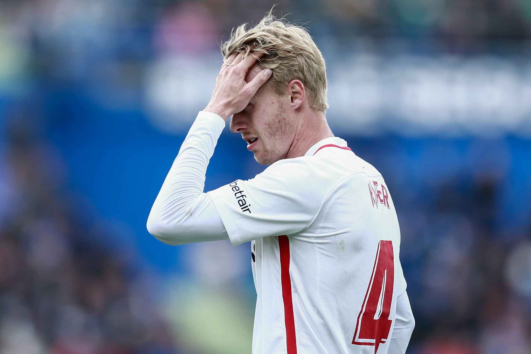 Sevillas Danish defender Simon <HIT>Kjaer</HIT> reacts during the Spanish League football match between Getafe and Sevilla at the Coliseum Alfonso Perez in Getafe on April 21, 2019. (Photo by BENJAMIN CREMEL / AFP)