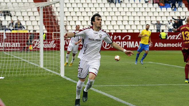 Eugeni celebra un gol ante Las Palmas.