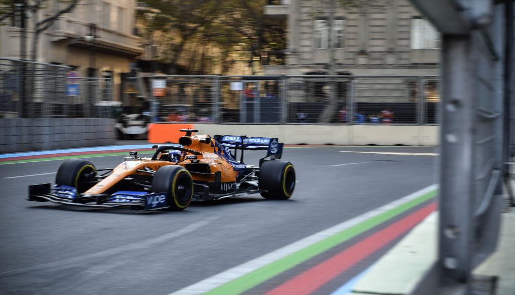 McLarens Spanish driver Carlos <HIT>Sainz</HIT> Jr steers his car during the second practice session ahead of the Formula One Azerbaijan Grand Prix in Baku on April 26, 2019. (Photo by Alexander NEMENOV / AFP)
