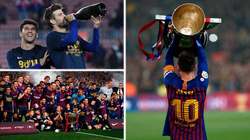 As celebraron el ttulo los jugadores sobre el csped del Camp Nou