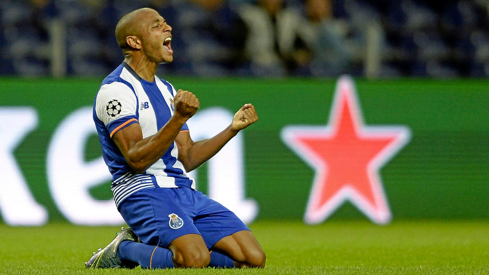 Yacine Brahimi celebrates a goal for Porto in the Champions League.