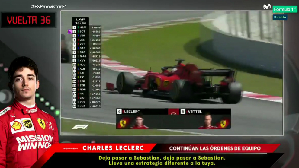 Momento en el que Leclerc recibe una orden de equipo.