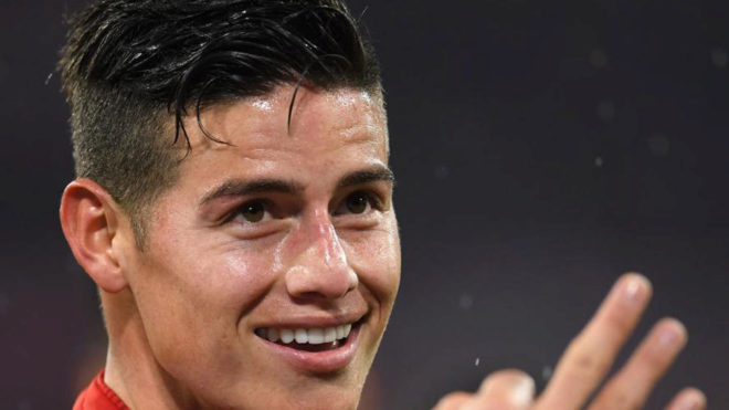 James Rodriguez reacts after scoring a goal
