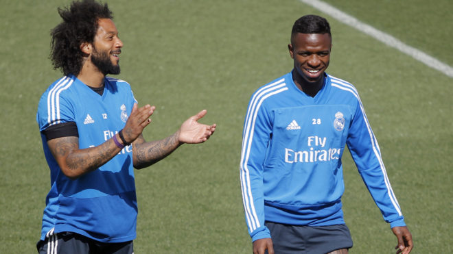Marcelo and Vincius during Saturday&apos;s training session at...