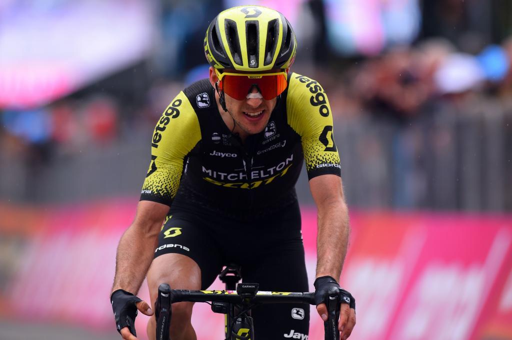 Team Mitchelton rider Great Britains Simon <HIT>Yates</HIT> reacts after crossing the finish line of stage 14 of the 102nd Giro dItalia - Tour of Italy - cycle race, from Saint-Vincent to Courmayeur on May 25, 2019. (Photo by Luk BENIES / AFP)
