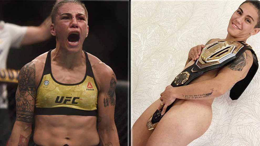New UFC champ Jessica Andrade poses naked with just belt covering her modes...