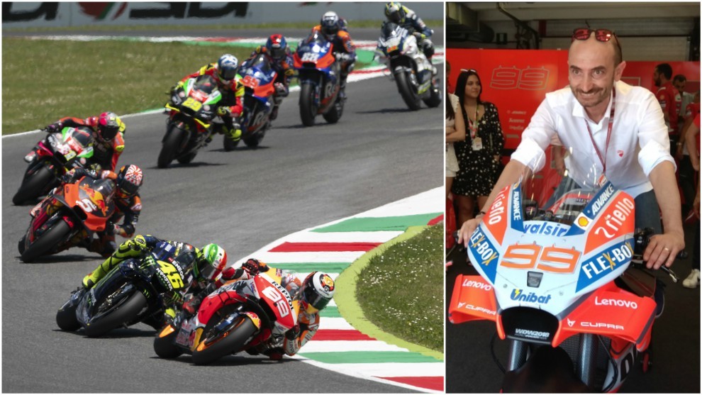 Lorenzo, con Rossi detrás; y al lado Domenicali.