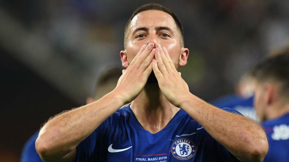 Eden Hazard sending a kiss towards the supporters after Chelsea won...