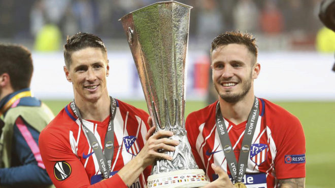 Fernando Torres and Saul Niguez after winning the Europa League in...