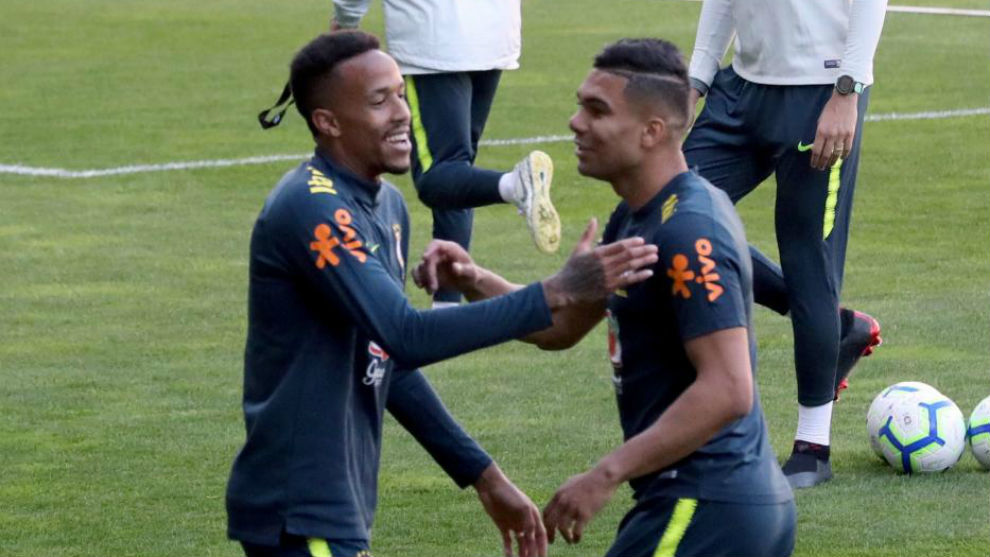 Casemiro and Eder Militao during a training session with the Brazilian...