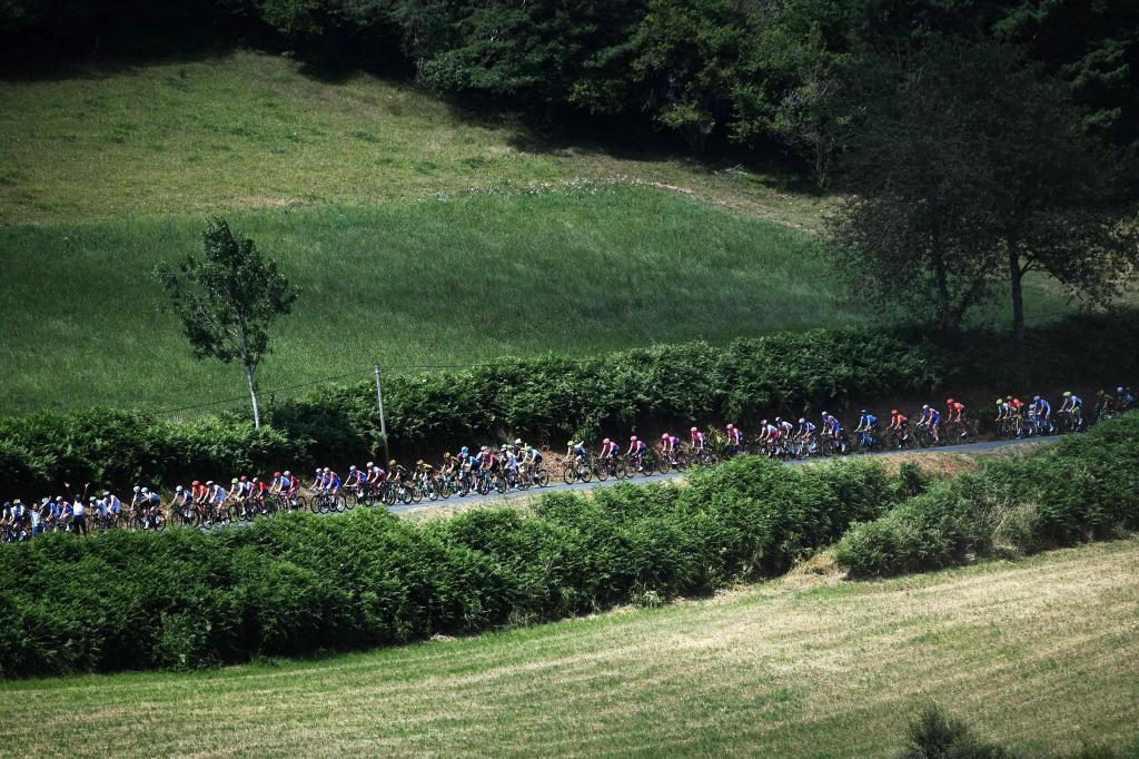 The pack rides during the eighth stage of the 106th edition of the <HIT>Tour</HIT> de France cycling race between Macon and Saint-Etienne, on July 13, 2019. (Photo by Anne-Christine POUJOULAT / AFP)
