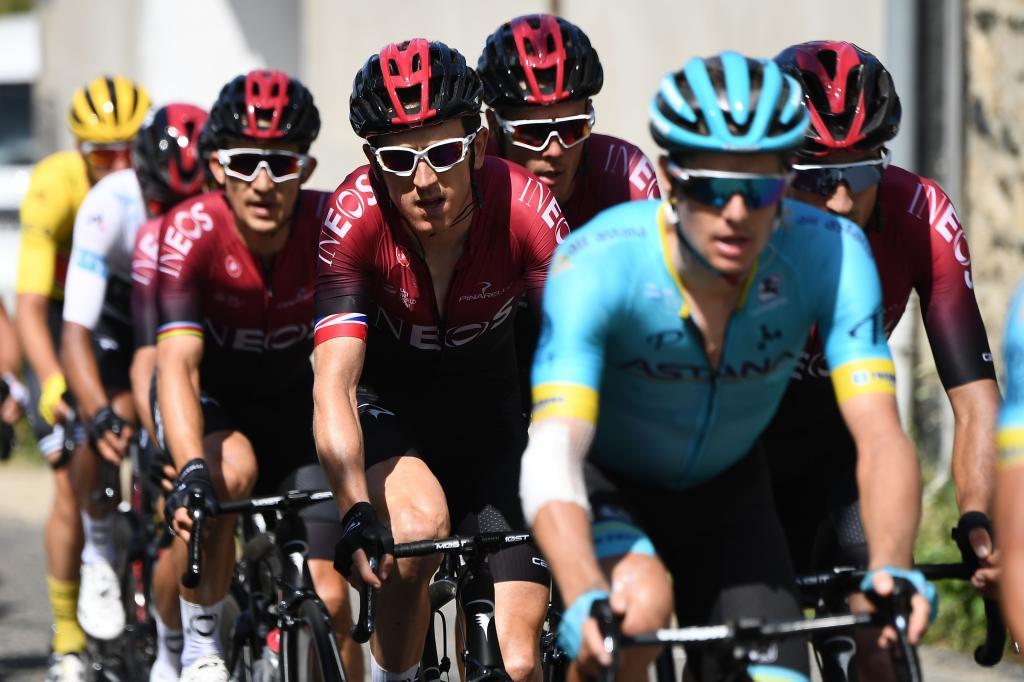 Great Britains Geraint Thomas (C) and Colombias Egan Bernal (L) ride in the pack during the eighth stage of the 106th edition of the <HIT>Tour</HIT> de France cycling race between Macon and Saint-Etienne, on July 13, 2019. (Photo by Anne-Christine POUJOULAT / AFP)