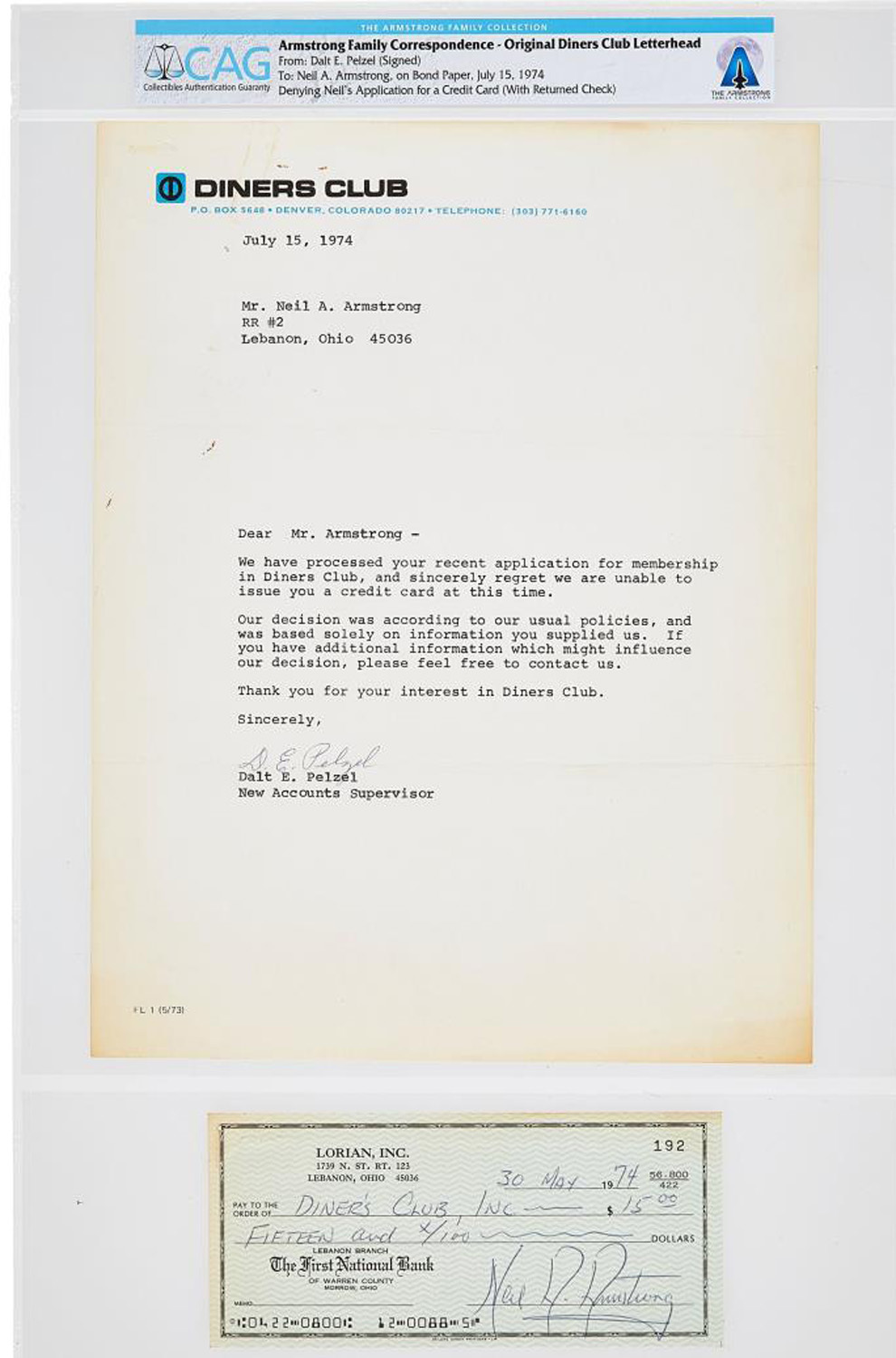 carta de 1974 en la que Diners Club le comunicaba al astronauta Neil Armstrong, el primer ser humano en pisar la Luna, que "lamentaba" no poder darle su tarjeta de crdito