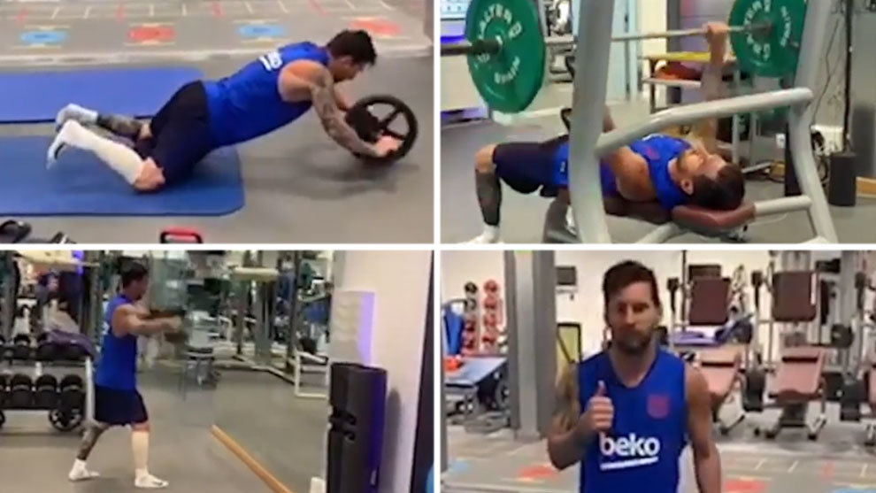 Messi melakukan latihan rutin meski kakinya dibalut perban karena cedera betis. sumber: Marca.