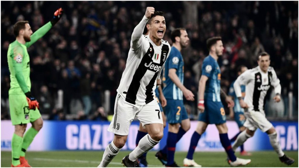 Ronaldo celebrates Champions League goal against Atletico Madrid