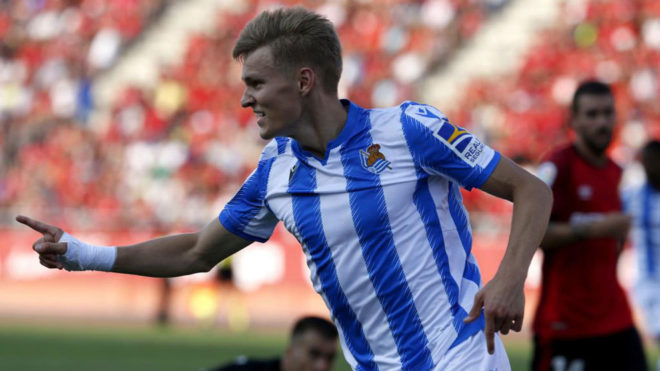 Odegaard celebra su gol ante el Mallorca.