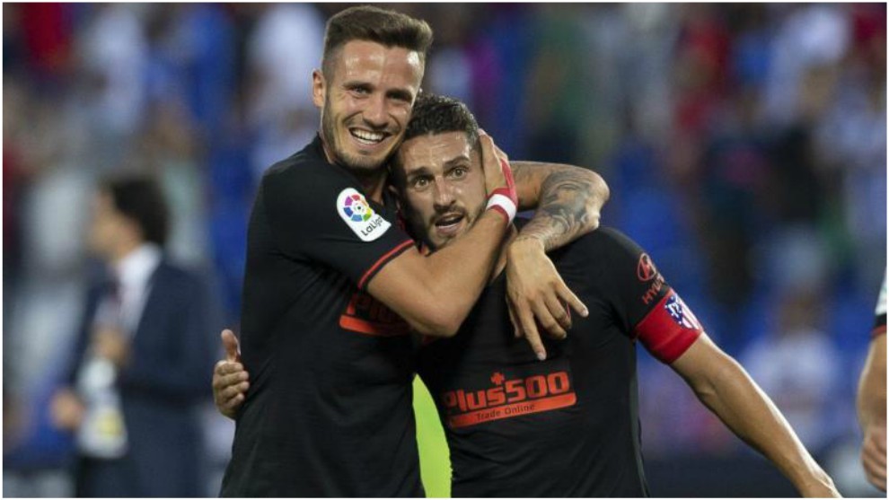 Saul Niguez and Koke celebrate Atletico Madrid&apos;s win away at Leganes.