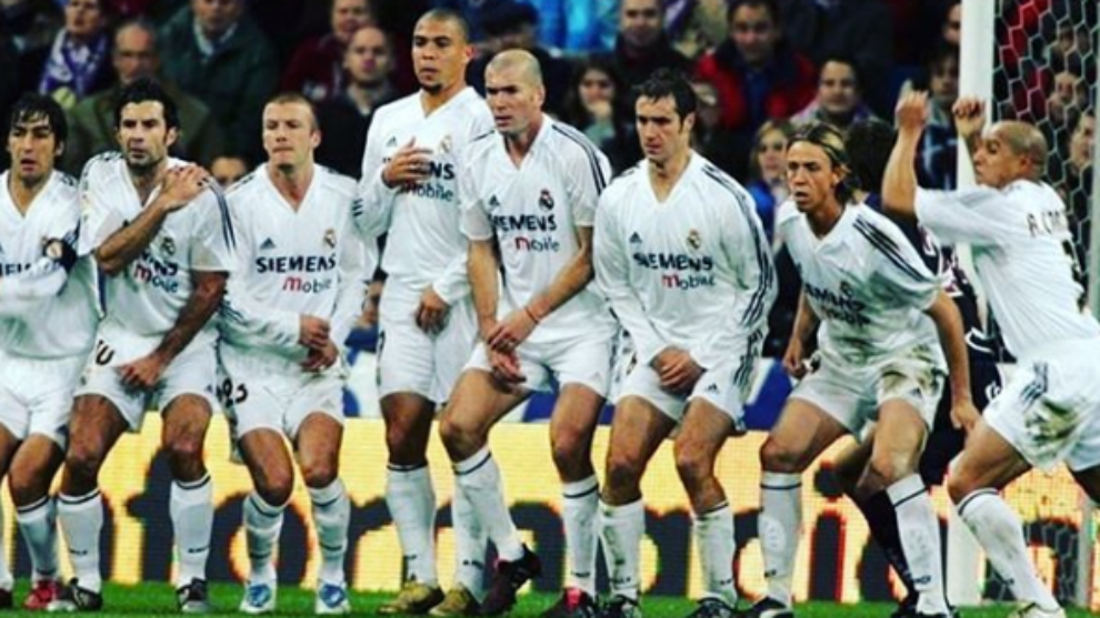 The photo of Real Madrid&apos;s Galacticos trying to block a free-kick,...
