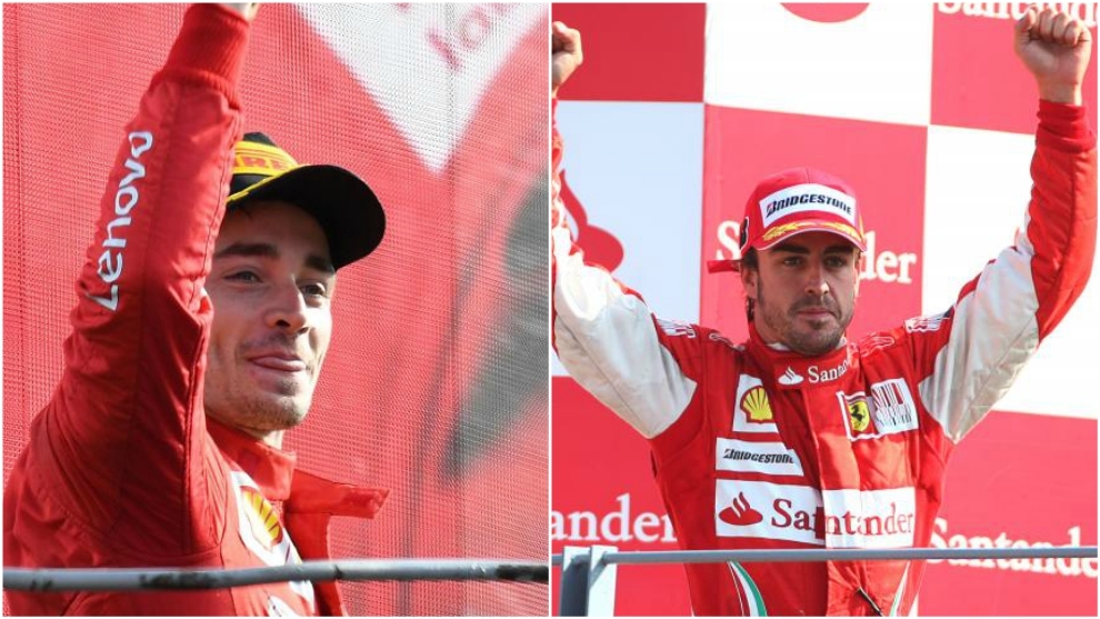 Charles Leclerc y Fernando Alonso, celebrando sus victorias en Monza.