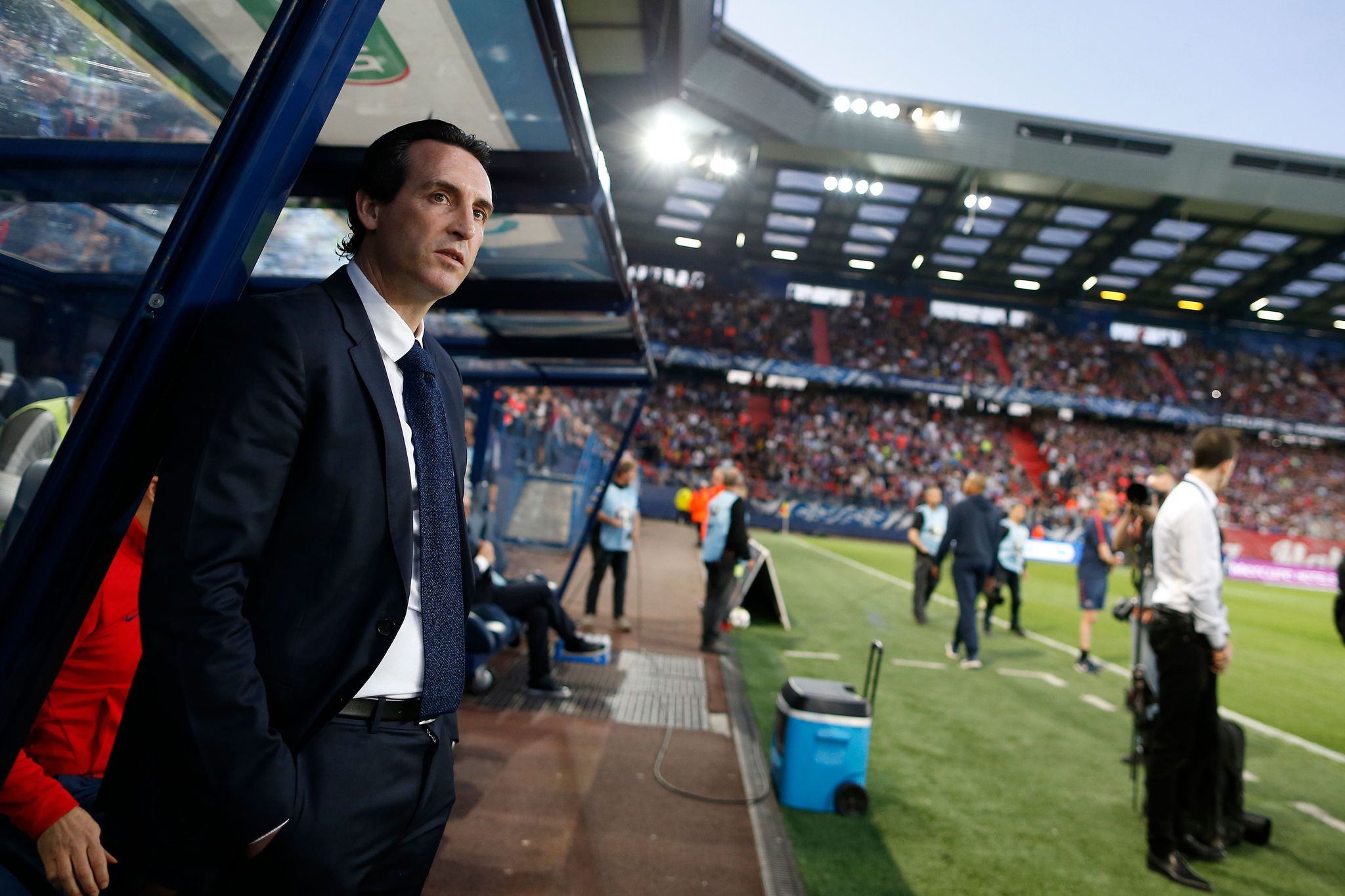 Paris Saint-Germains Spanish headcoach Unai <HIT>Emery</HIT> is pictured before the French cup semi-final match between Caen (SMC) and Paris Saint-Germain (<HIT>PSG</HIT>) on April 18, 2018 at the Michel-dOrnano stadium in Caen, northwestern France. / AFP PHOTO / CHARLY TRIBALLEAU