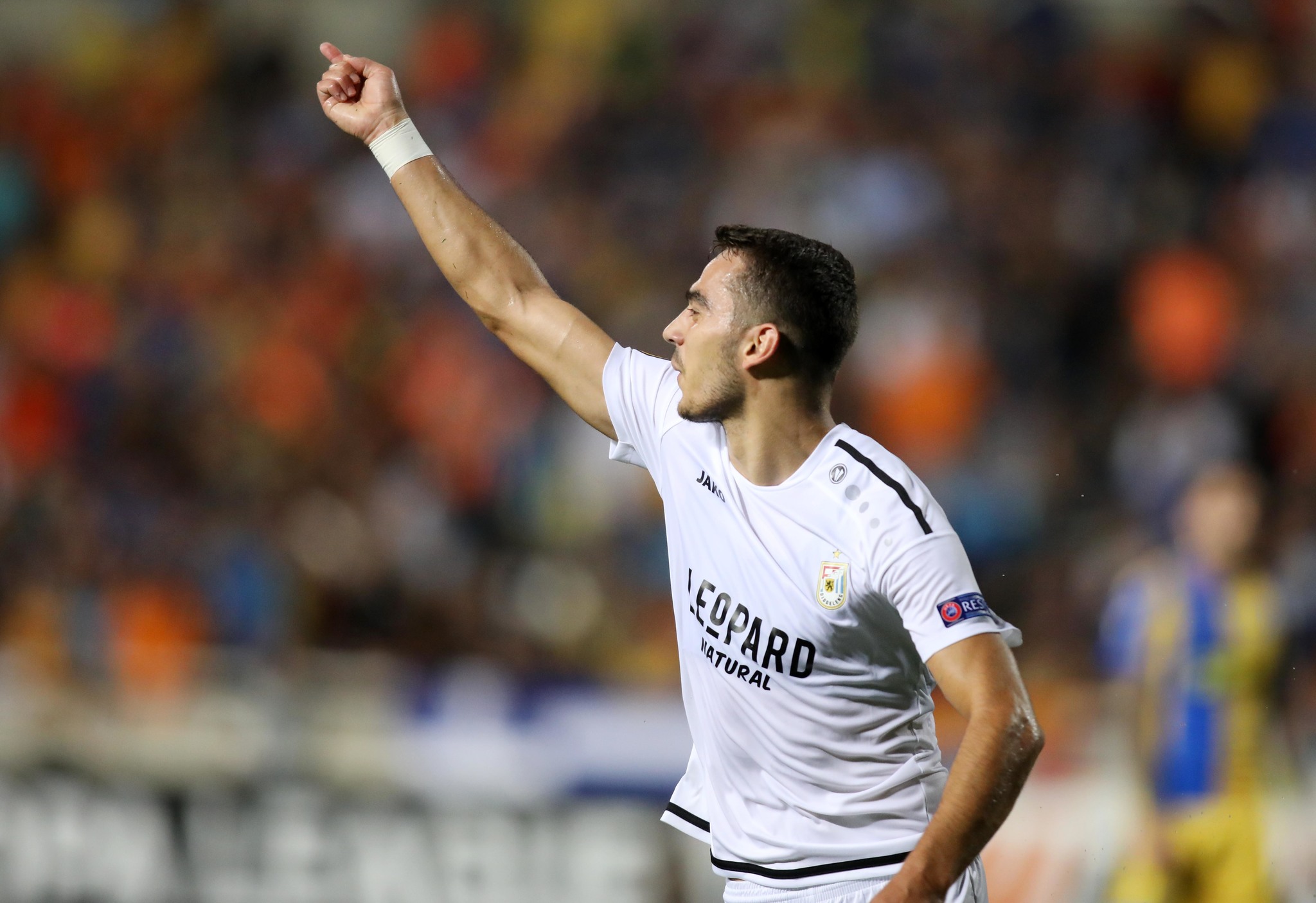 F91 Dudelanges Luxembourgers midfielder Danel <HIT>Sinani</HIT> celebrates after scoring a goal during the UEFA Europa league Group A football match between Cyprus APOEL FC and Luxembourgs F91 Dudelange at the GSP stadium in Nicosia on September 19, 2019. (Photo by Sakis SAVVIDES / AFP)