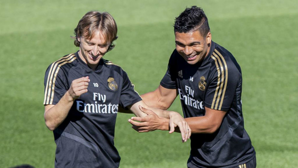 Luka Modric and Casemiro during a training session at Valdebebas.