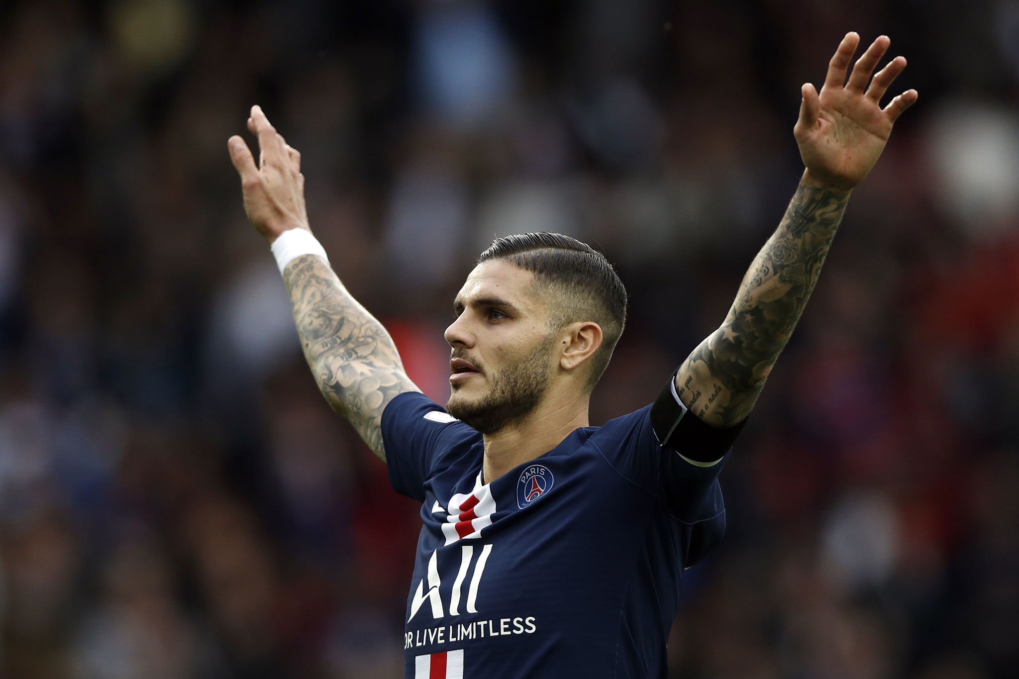 Paris (France), 05/10/2019.- Paris Saint Germains Mauro Icardi celebrates after scoring the 2-0 lead during the French Ligue 1 soccer match between <HIT>PSG</HIT> and Angers at the Parc des Princes stadium in Paris, France, 05 October 2019. (Francia) EFE/EPA/YOAN VALAT