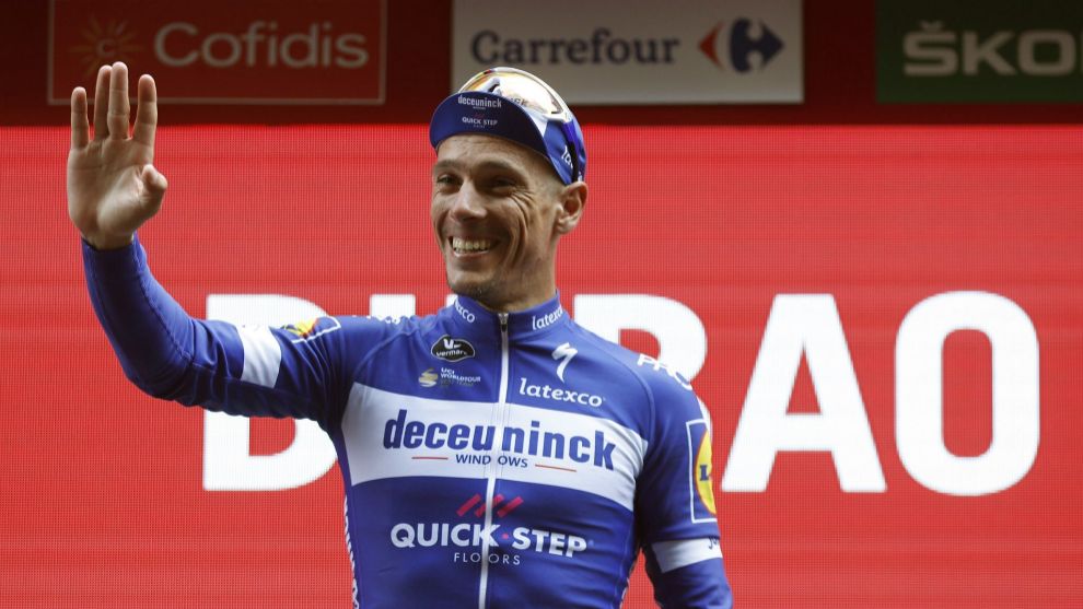 Philippe Gilbert celebra una victoria de etapa en La Vuelta a Espaa.