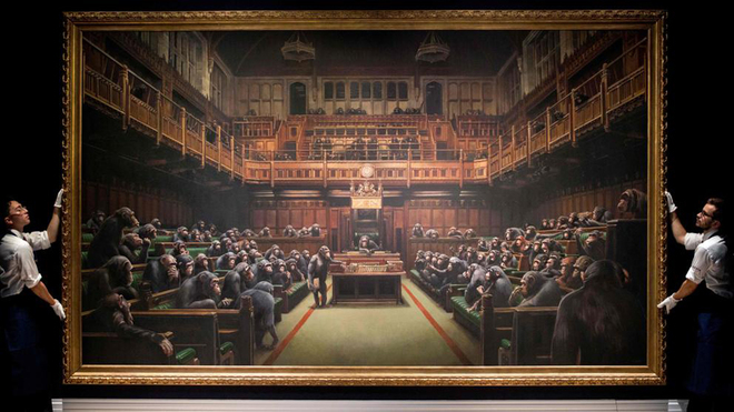 El cuadro de Banksy con chimpancs en el Parlamento britnico,...