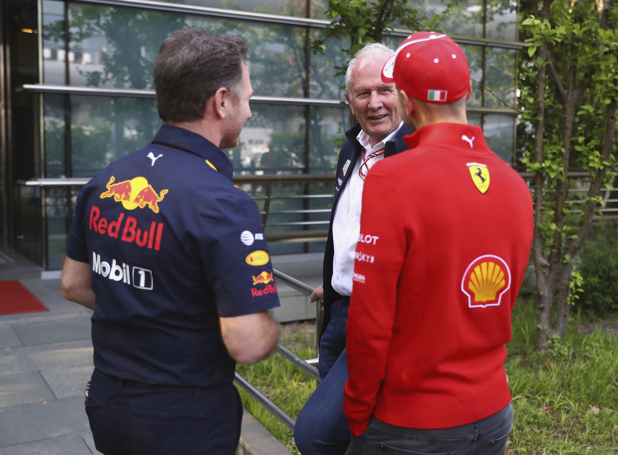 SHANGHAI, CHINA - APRIL 15: Red Bull Racing Team Consultant Dr Helmut <HIT>Marko</HIT>, Red Bull Racing Team Principal Christian Horner and Sebastian <HIT>Vettel</HIT> of Germany and Ferrari talk after the Formula One Grand Prix of China at Shanghai International Circuit on April 15, 2018 in Shanghai, China. (Photo by <HIT>Mark</HIT> Thompson/Getty Images) // Getty Images / Red Bull Content Pool // AP-1VC9K37811W11 // Usage for editorial use only // Please go to www.redbullcontentpool.com for further information. //