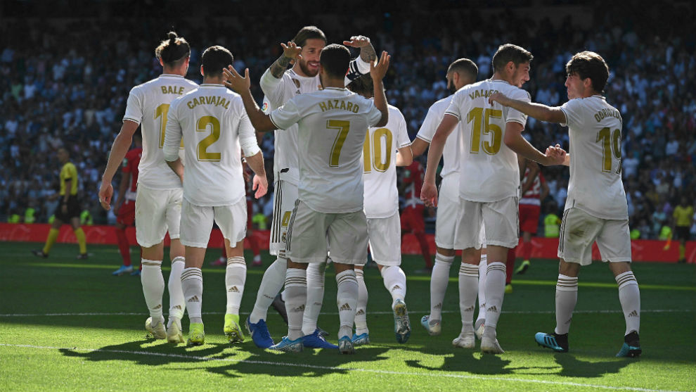 Los jugadores del Real Madrid celebran un gol esta temporada.